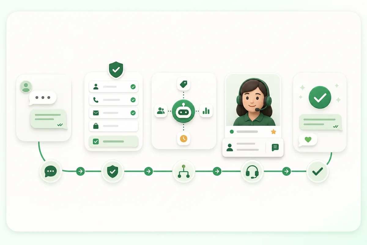 A WhatsApp API workflow moving through consent checks, automation, human support and successful resolution